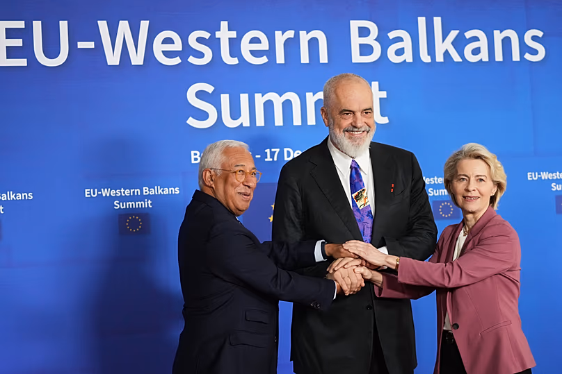 European Commission President Ursula von der Leyen and European Council President Antonio Costa, greet Albania's Prime Minister Edi Rama during an EU-Western Balkan Summit