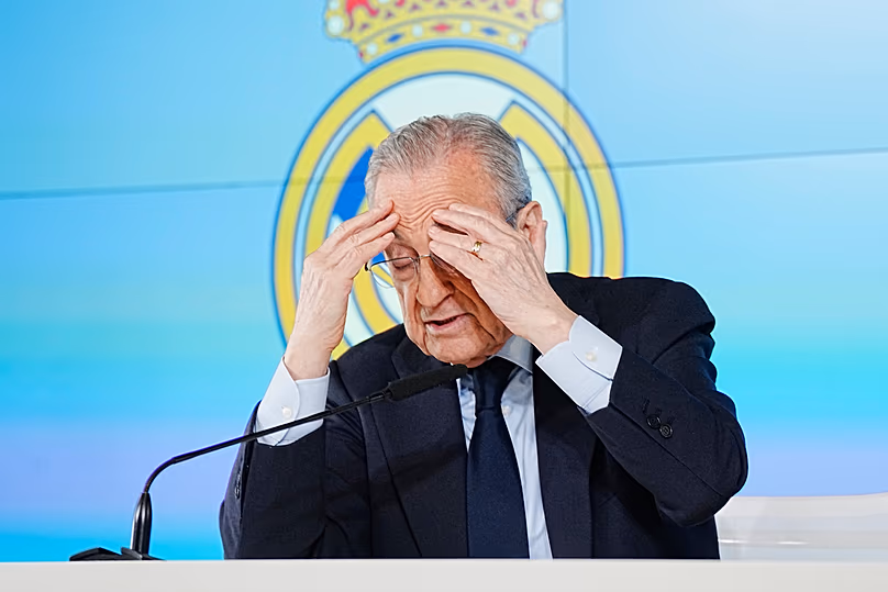 Florentino Pérez, a Real Madrid elnöke sajtótájékoztatót tart Madridban 2026. május 12-én
